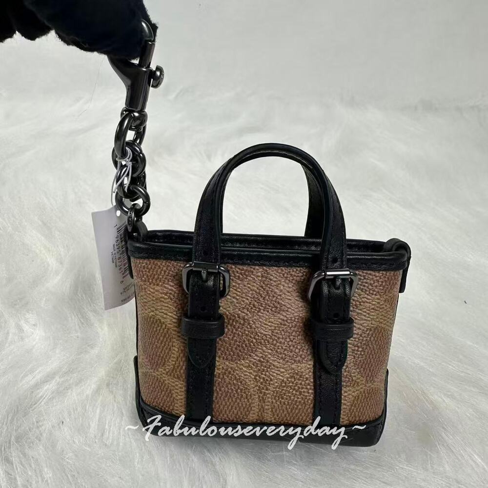 Coach Mini Warner Tote Bag Charm In Signature Canvas CBK64 Tan Black NWT
